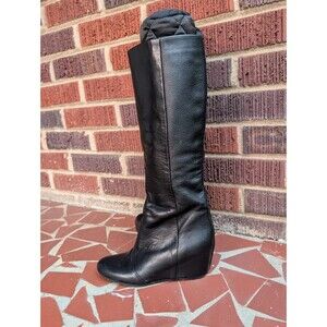 VINCE. Women's Black Leather Knee High Wedge Boots-Pull-On (No Zipper)- Size 6M